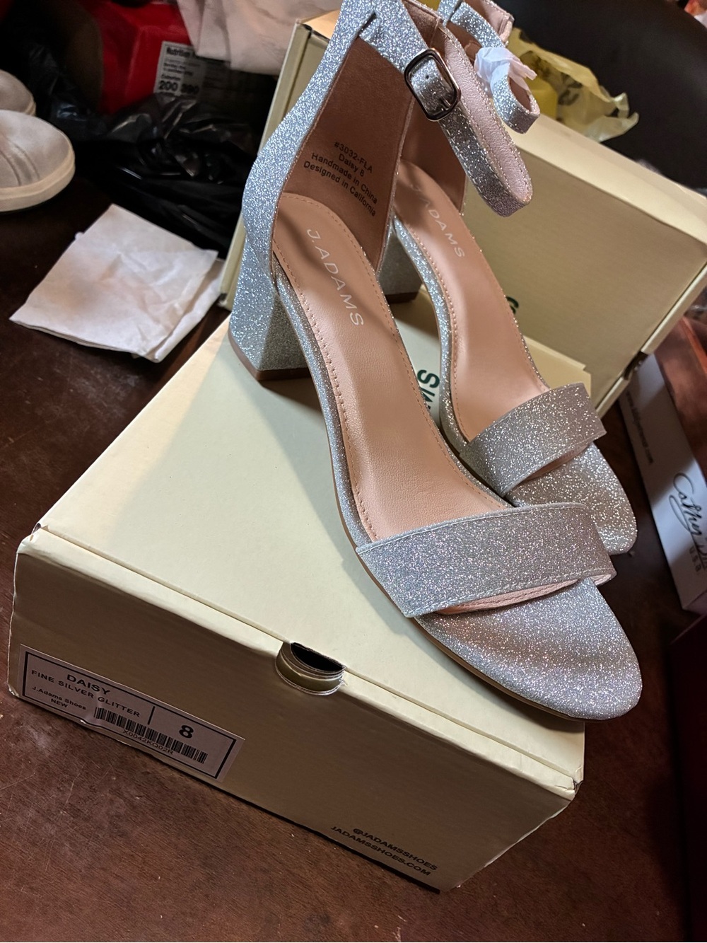 Adams Silver Glitter Ankle-Strap Block Heels